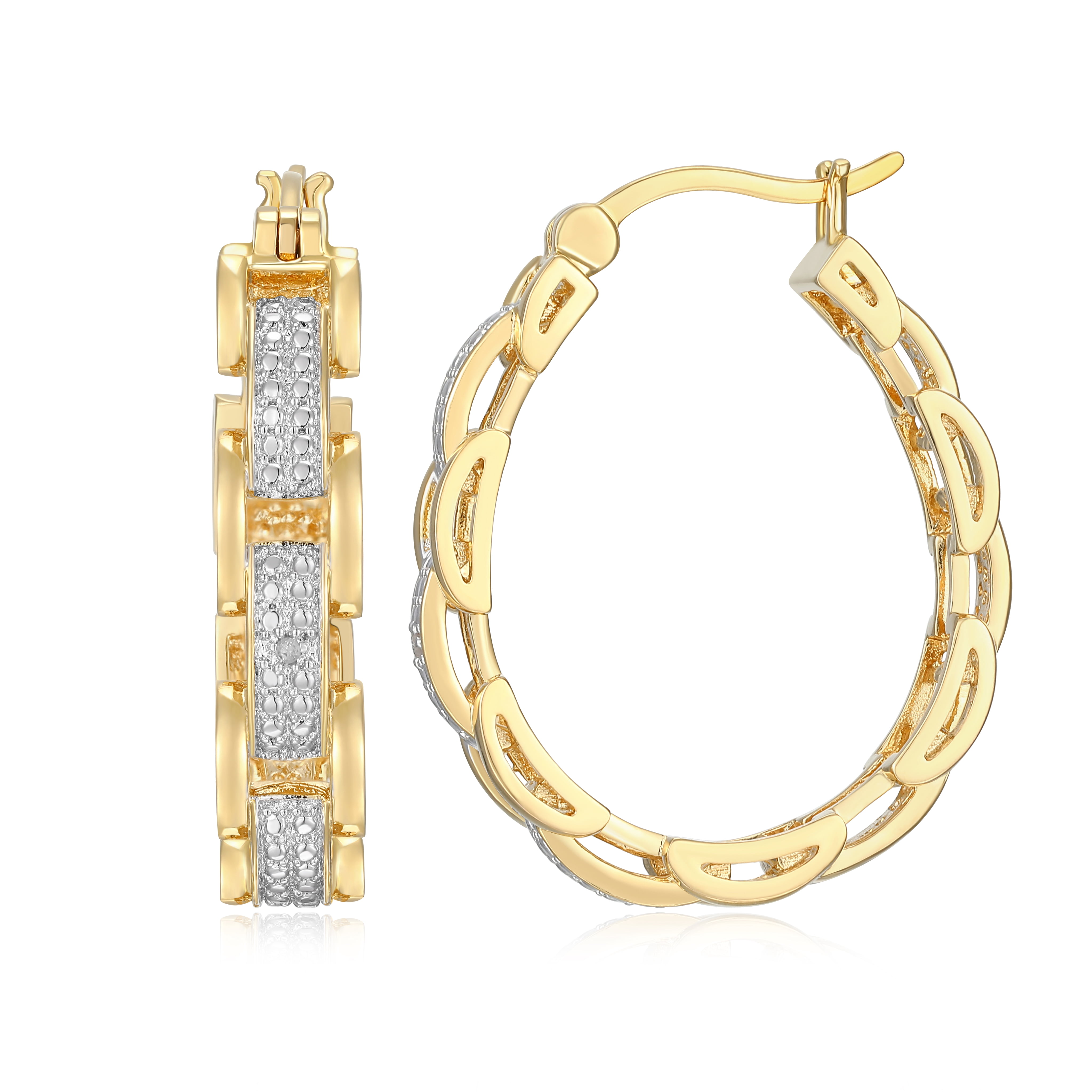 Forever Facets Diamond Accent Chunky Link Hoop Earrings in Two-Tone Rhodium over Bronze, Adult Female