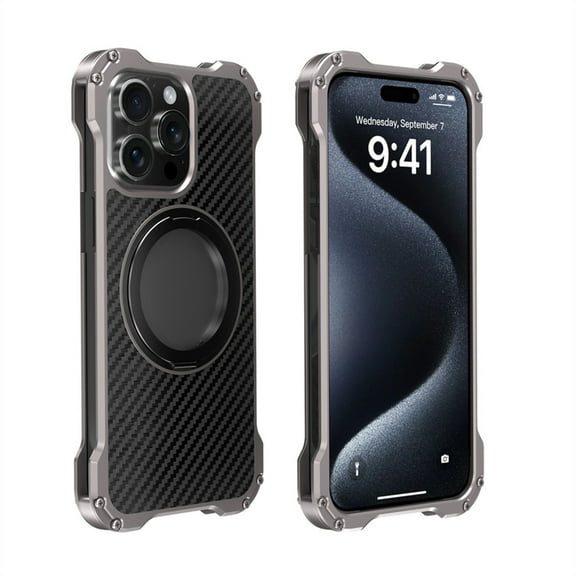 ELEHOLD Rugged Metal Case for iPhone 15,Alloy Bumper 4-Corner Shockproof Drop Protection with Folding Ring Holder Kickstand Strong Magnetic Compatible with Mag Safe Carbon Fiber Texture Back Case