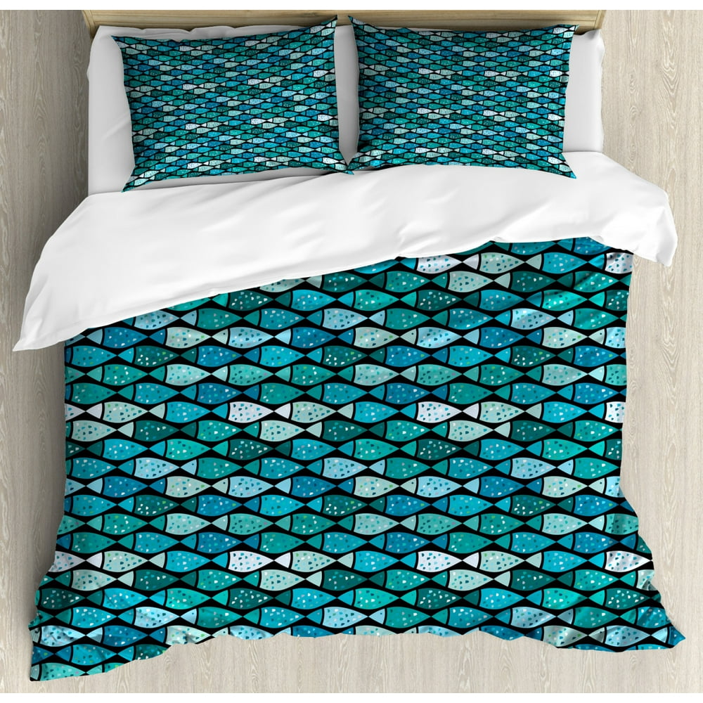 Fish Duvet Cover Set Queen Size, Doodle Aquarium Artwork with Repeating Fish Motifs Ornamented