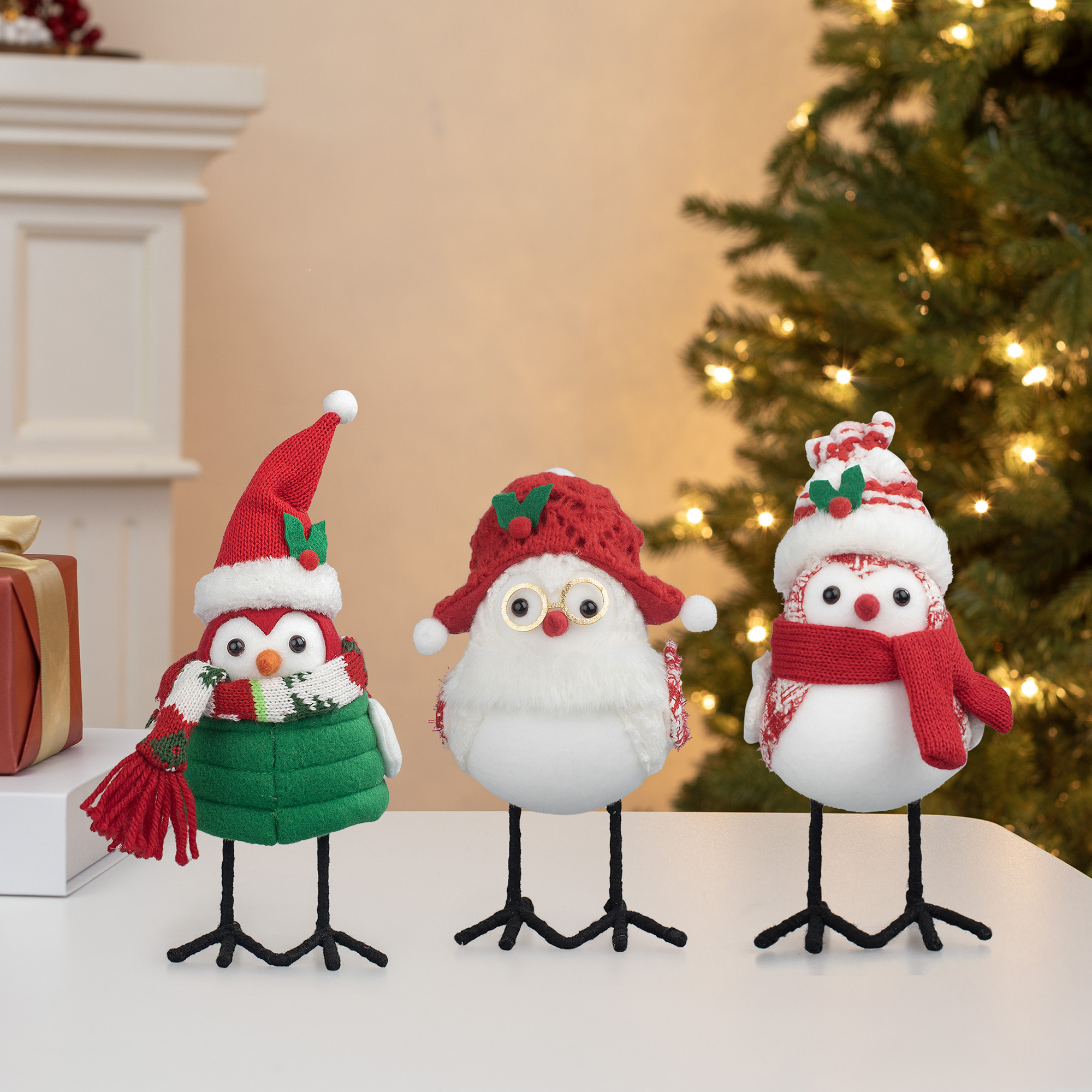 Holiday Time Red and White Fabric Bird Christmas Assortment, 7 in