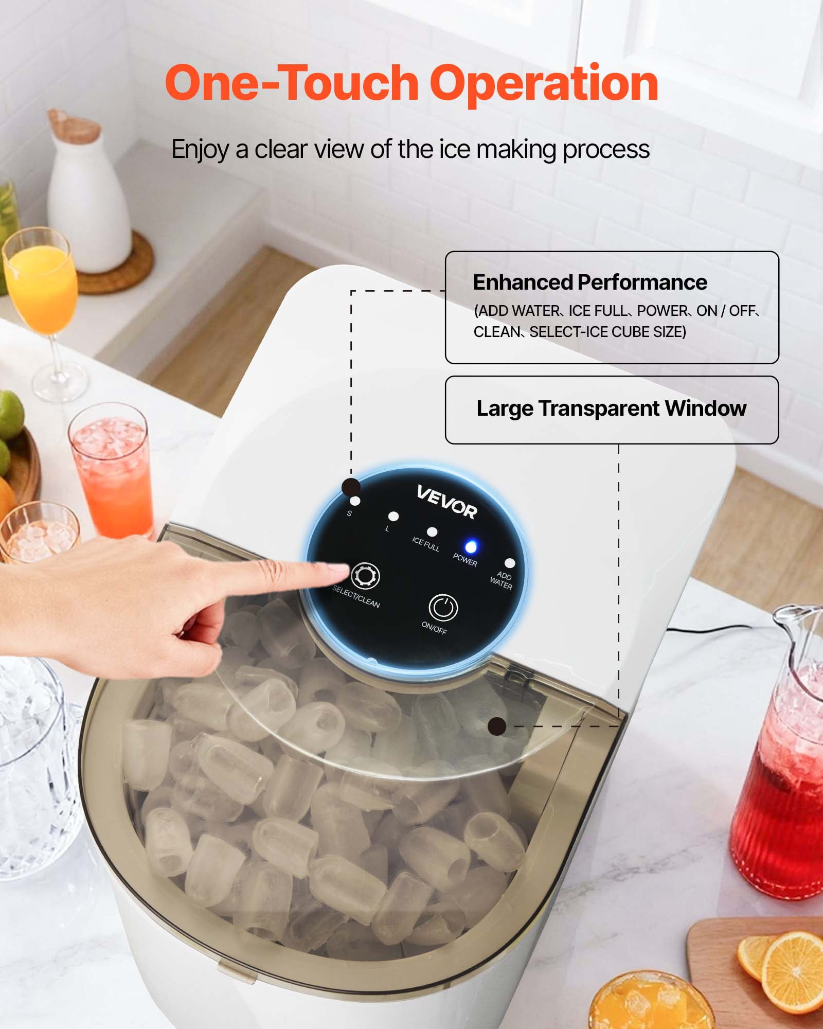 VEVOR Countertop Ice Maker, 7 Cubes Ready in 6 Mins, 26 lbs per Day, Self-Cleaning Portable Machine with Ice Scoop, Ice-Making Machine with 2 Sizes Bullet Ices for Home, Kitchen, Office, Bar & Party