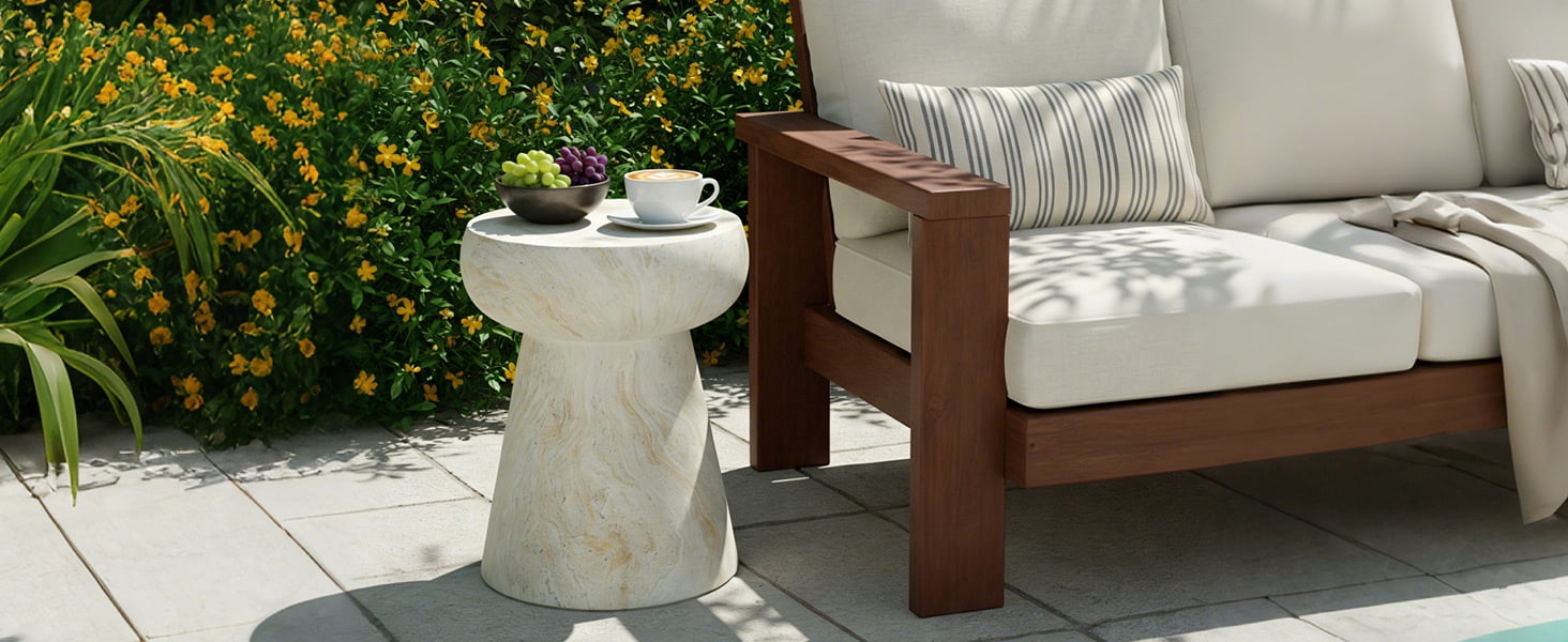 Mintazer 19.68" H Mushroom-Shaped Outdoor Side Table, Geometric Pedestal End Table with Travertine Texture, Modern Accent Table for Patio Living Room, Beige