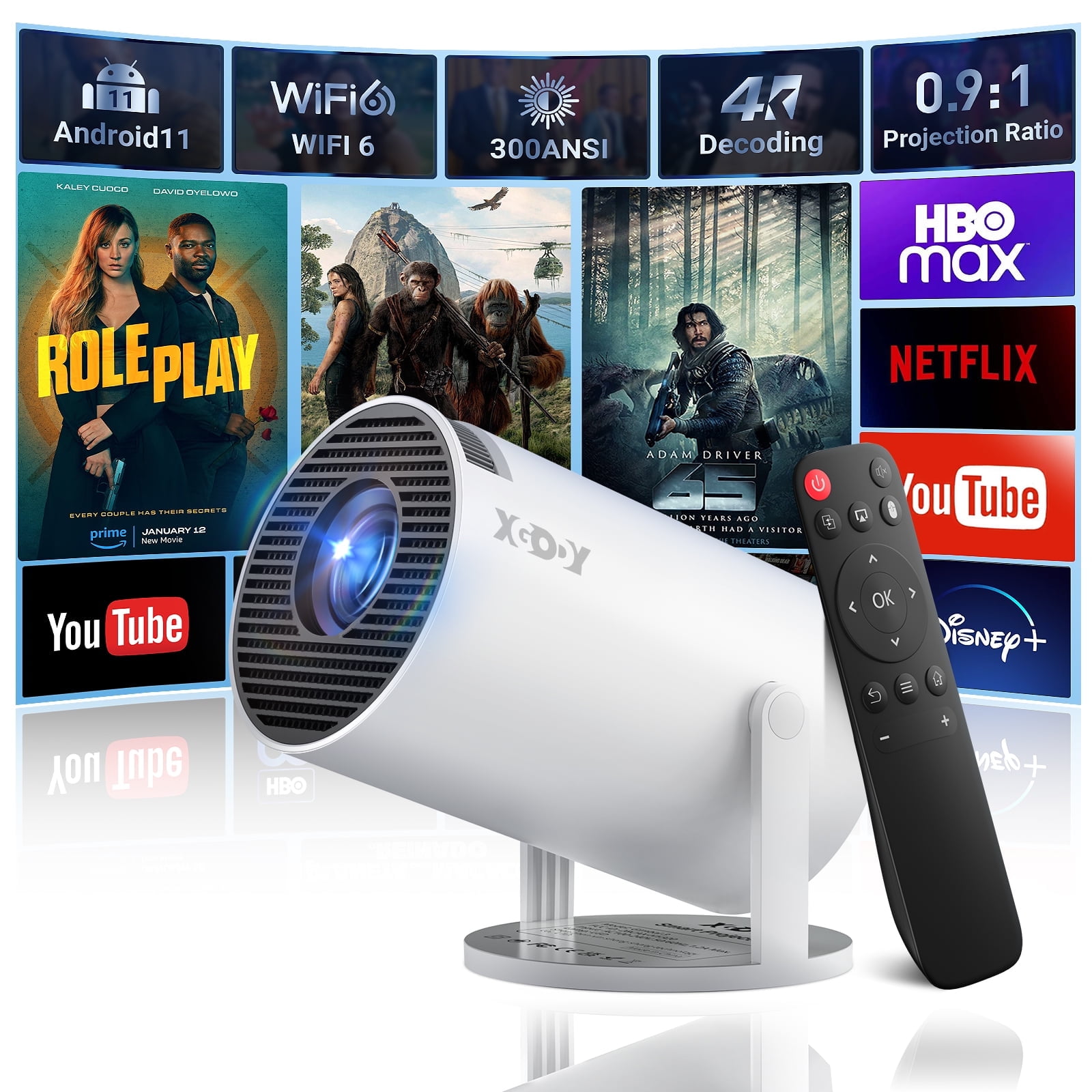XGODY Gimbal 3 NEW Smart Mini Portable Projector with Bluetooth & WiFi,Support 1080P,White, 1 Count