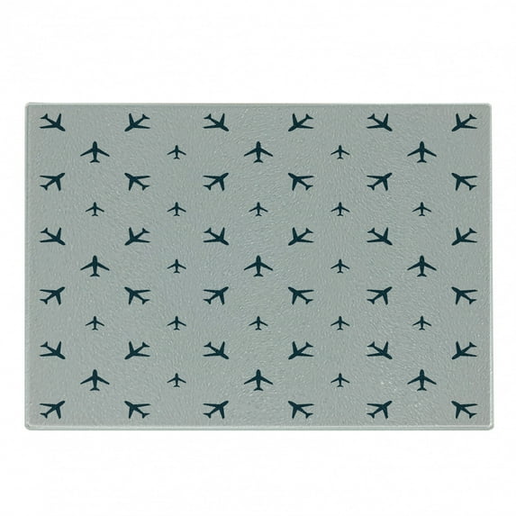 Airplane Cutting Board, Diagonal Stripes Travel Silhouettes Vacation Aviation, Decorative Tempered Glass Cutting and Serving Board, Small Size, Petrol Blue Black White, by Ambesonne