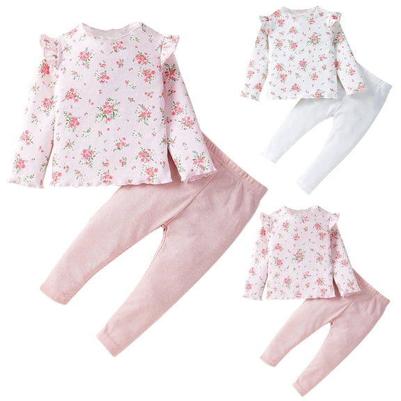 Toddler Girl Outfits Fall Pants Set Girls Cute Floral Print Baby Leggings Pants 2 Sets Toddler Clothes Girls White 2 Years-3 Years