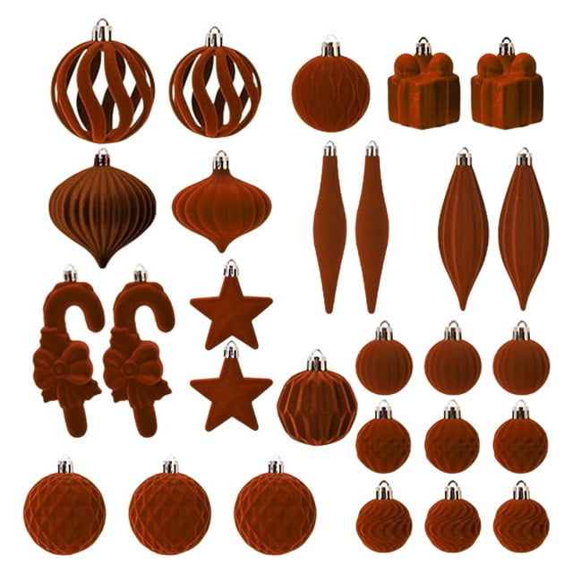 Adornos navideños flocados de 28 | Set de bolas variadas a prueba de fracturas | Formas y texturas únicas | Bucles de fácil colgado | PD Polipropileno | Decoración de árbol y corona | Acento festivo