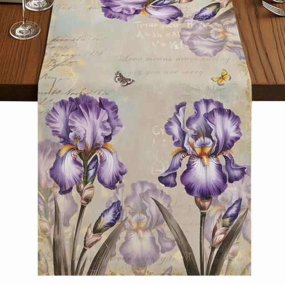 Purple Iris Burlap Cotton Table Runner 13x60 Inches Long, Spring Vintage Flowers Butterfly Leaves Khaki Farmhouse Table Runners, Outdoor Dining Tablecloths Decor for Baby Shower/Party/Wedding