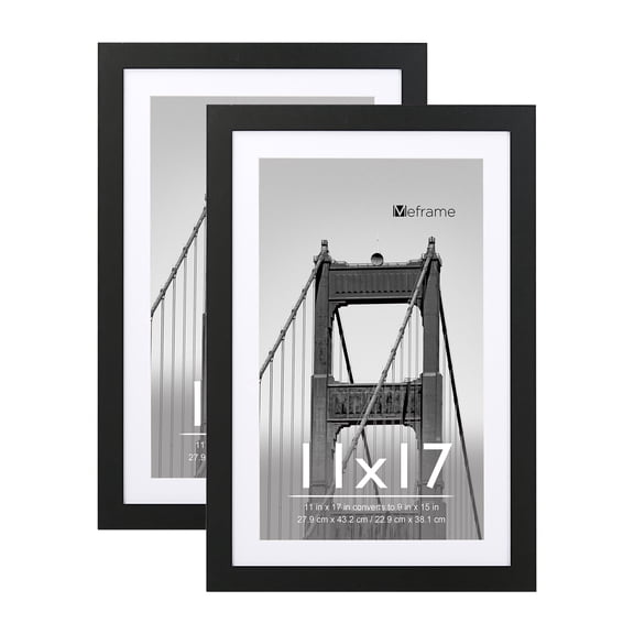 Meframe 2PACK 11x17 Wooden Picture Frame, Matted to 9x15 Wall Photo Frame, Black