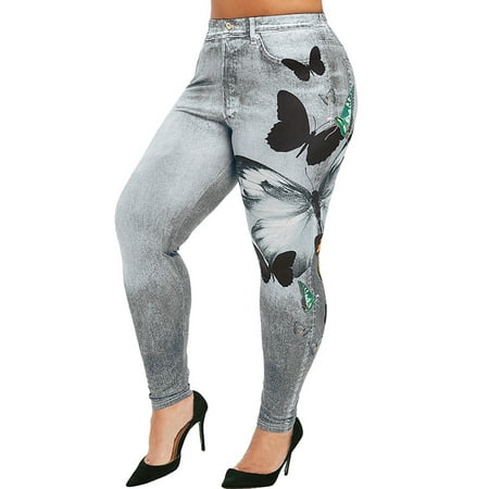 JDinms Women's Denim Butterfly Print Fake Jeans Leggings | Walmart Canada