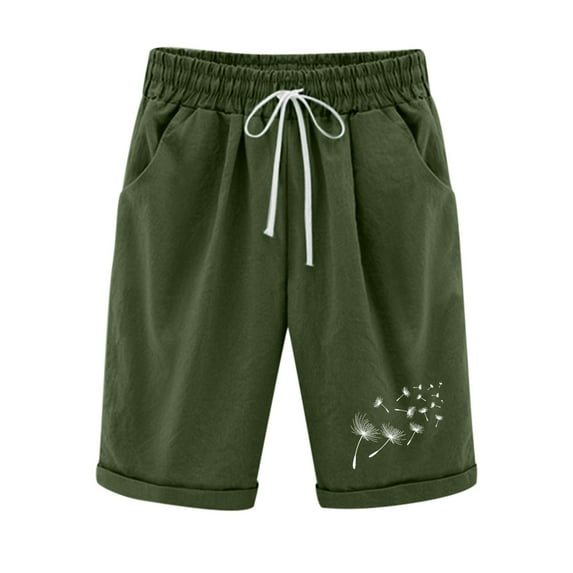 Womens Cotton Linen Shorts Elastic Waist Drawstring Print Knee Length Shorts Casual Loose Lounge Shorts with Pockets