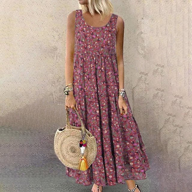 TIMIFIS Robe en Coton et Lin pour Femmes Robe Décontractée Ample Robe Longue Manches Courtes Maxi Robes Été Grande Taille Robe de Plage
