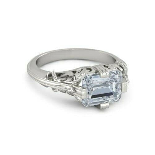 HeartsAndYou 3ct Emerald Cut Moissanite Filigree Vintage Inspired Engagement Ring for Women 18k White Gold over Silver Stylish