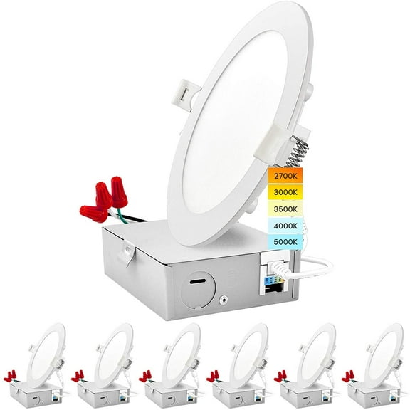 Luxrite 6 inch Ultra Thin LED Recessed Light with J-Box 12W 5 Color Selectable Dimmable 1000 Lumens IC Rated 6-Pack