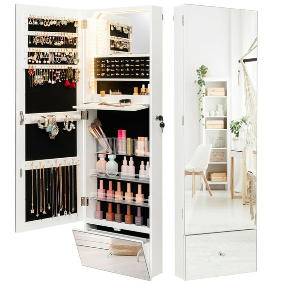 Gymax Wall Mounted Jewelry Cabinet Armoire Full-Length Mirror w/ LED Lights & Drawer