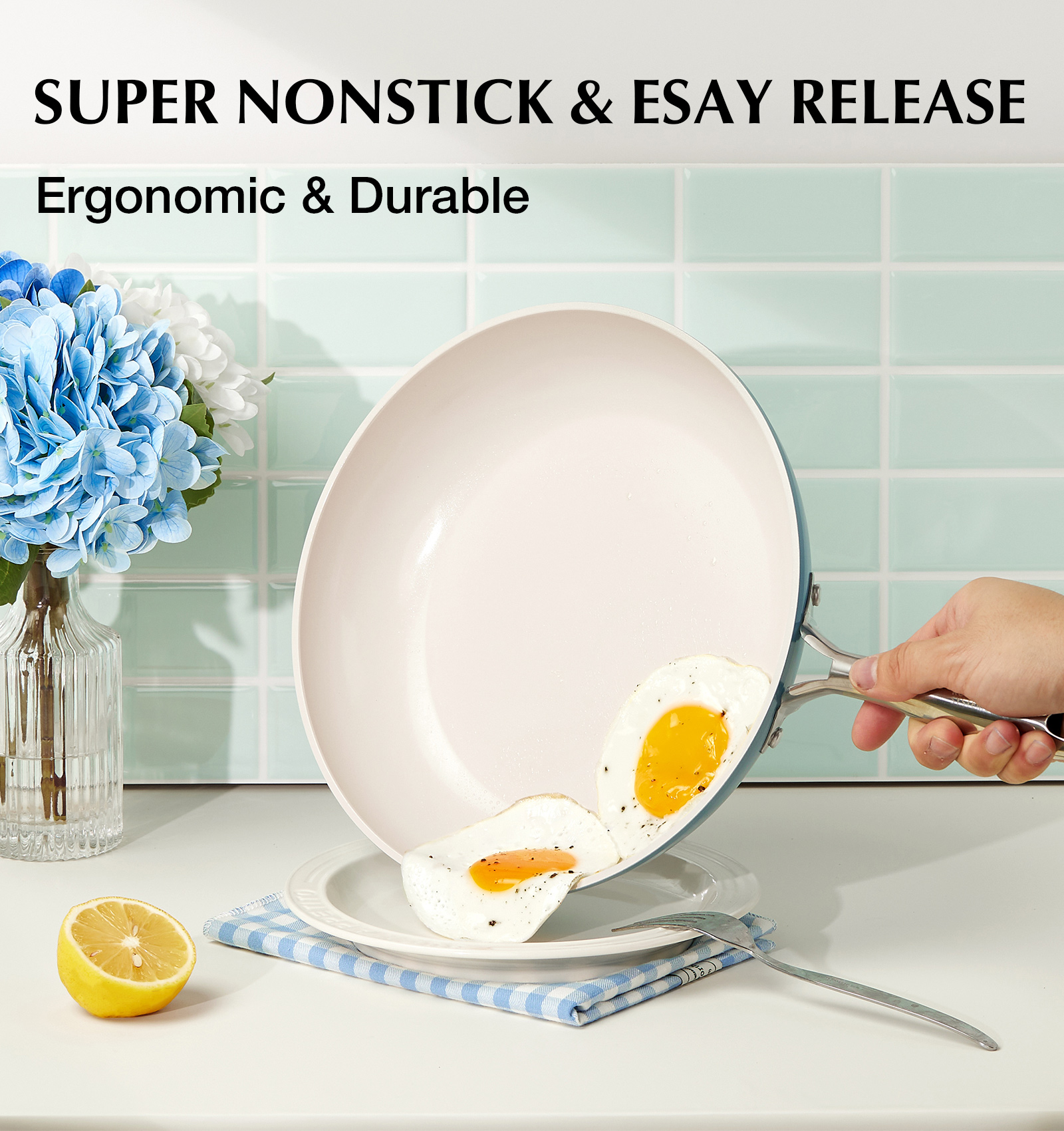 Koch Systeme CS 10 inch Ceramic Coating Frying Pan with Lid, Nonstick Skillets with Stainless Steel Handle, Even Heat, Oven and Dishwasher Safe, Blue