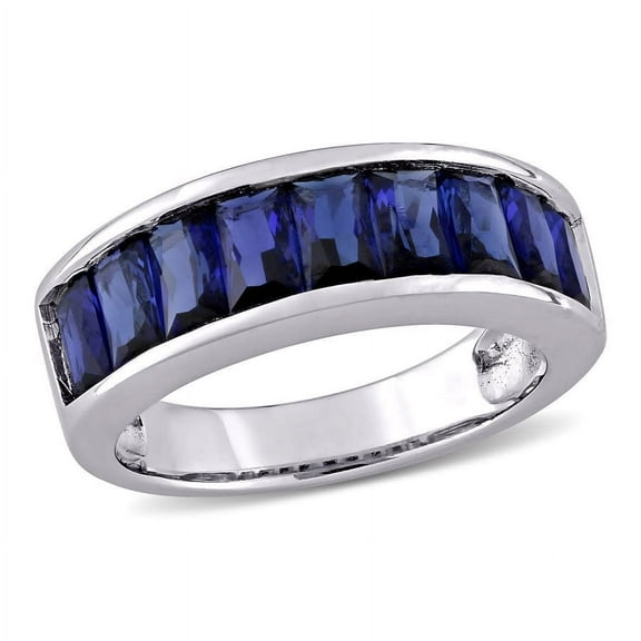 AMOUR 2 3/4 CT TGW Baguette-cut Created Blue Sapphire Semi-eternity Anniversary Band In Sterling Silver