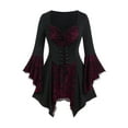thumbnail image 2 of FEIFLY Women Gothic 3/4 Sleeve Tops V Neck Ruched Flare Sleeves Mesh Lace Up Tunic Petite Blouse Solid Color Festival Clothing, 2 of 3