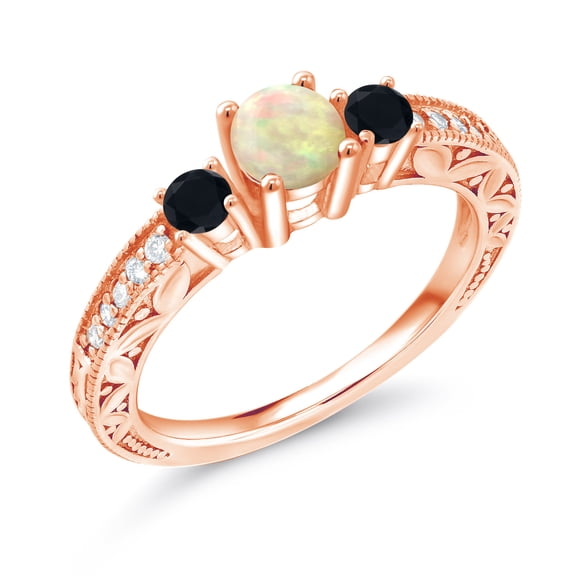 Gem Stone King 0.63 Ct White Ethiopian Opal Black Onyx 18K Rose Gold Plated Silver Ring (Size 9)