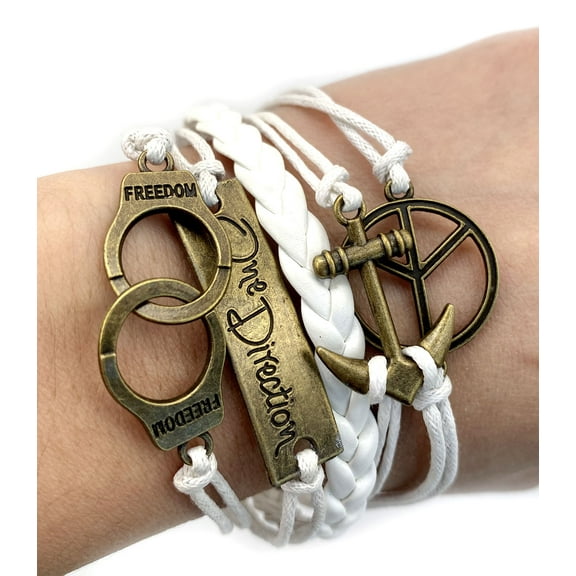 Vintage Bronze Handcuffs Peace Sign one Direction Anchor Charms White Braided Leather Rope Bracelet
