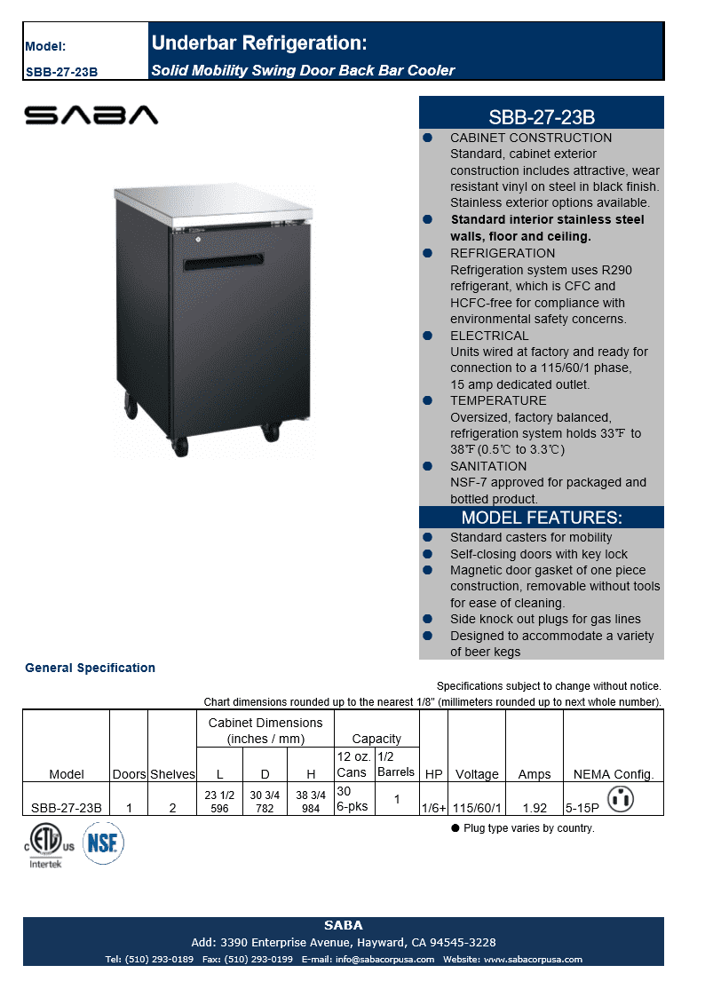 Heavy Duty Commercial Black Back Bar Cooler with 1 Solid Door (27" depth 23" length)