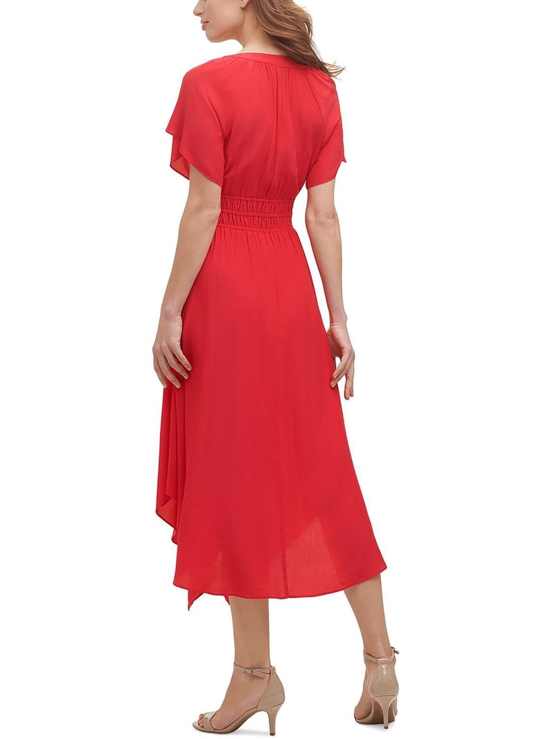 KENSIE DRESSES Womens Red Ruched Gathered Shark Bite Hemline Flutter Sleeve  Split Midi Wear To Work Hi-Lo Dress 4 - Walmart.com