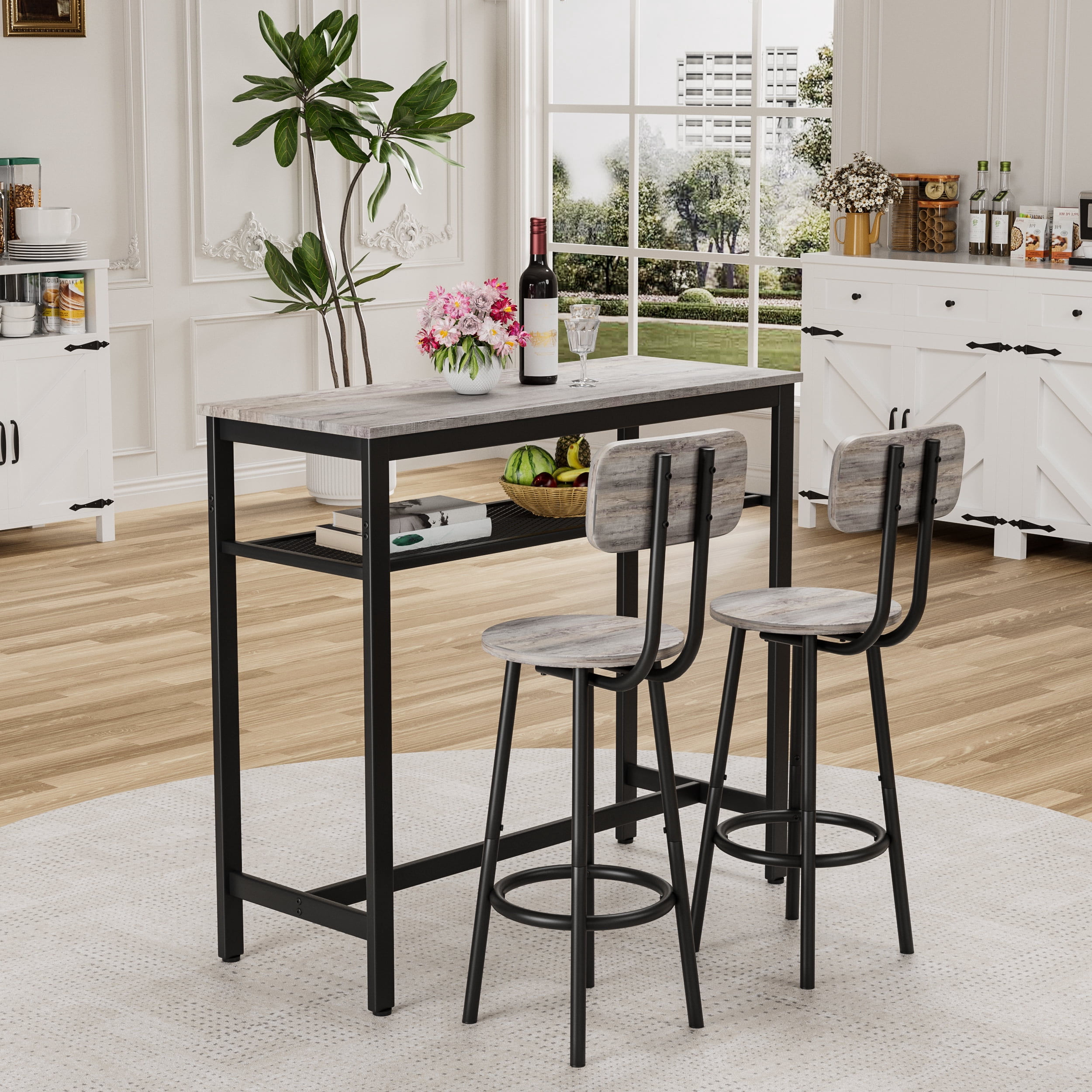 3-Piece Bar Table Set,Bistro Kitchen Table Sets with Metal Frame & Storage Rack,Modern Counter Height Table with 2 Stools for Kitchen, Dining Room, Living Room,