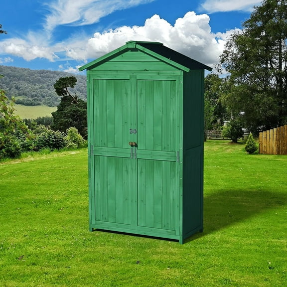 Wood Storage Shed, Garden Tool Cabinet with Waterproof Asphalt Roof, Double Doors, Multiple-tier Shelves,Forest Green