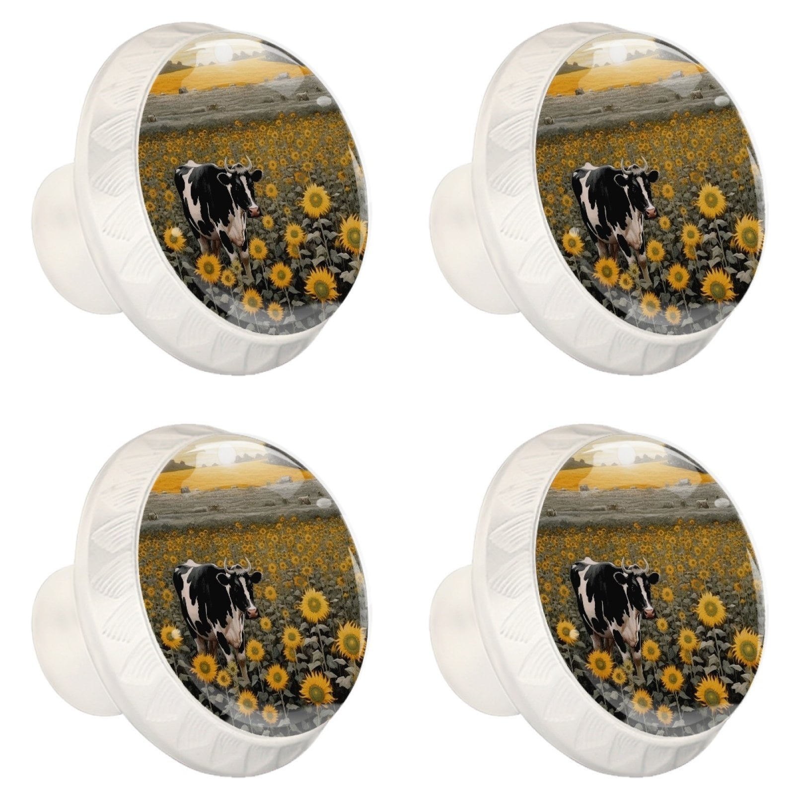 4 Pcs Cow and Sunflower Knobs for Kitchen Cabinet Cupboard Dresser Bookcase Drawer Pulls Handles Round Home Decor