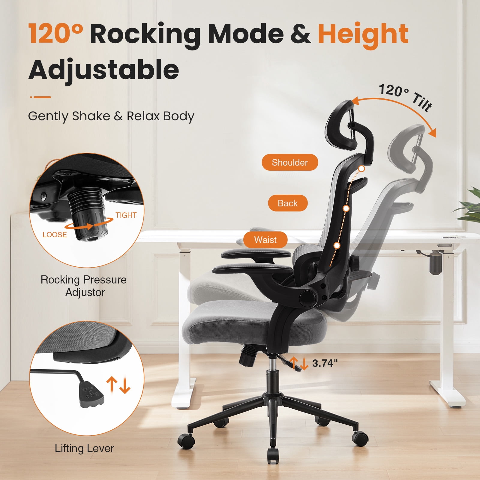 GIANNA Ergonomic Mesh Office Chair, High Back Desk Chair with Adjustable Lumbar Support, Headrest & Armrests, Swivel Task Chair, Grey