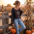 thumbnail image 6 of Womens Halloween Shirt, Floral Skeleton Ribcage Print Bell Sleeve Gothic Blouse, Spooky Season Halloween Costume Top for Women, 6 of 6
