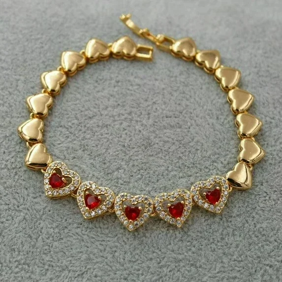 Beautiful 5.00 Ct Heart Cut Simulated Red Ruby Womens Engagement Tennis Bracelet 14K Yellow Gold Plated 925 Sterling Silver 7"
