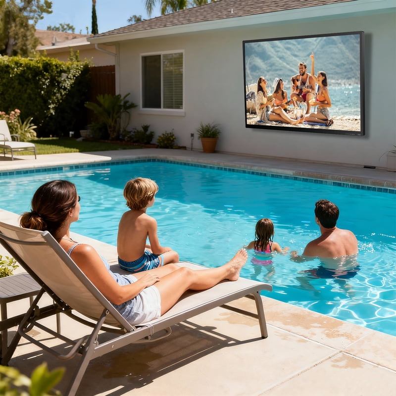 Fantasyview 65 Inch Outdoor TV, 4K UHD, 1000-Nit High Brightness, IP65 Weatherproof Smart TV, HDR10, Dolby Compatible Audio gallery view