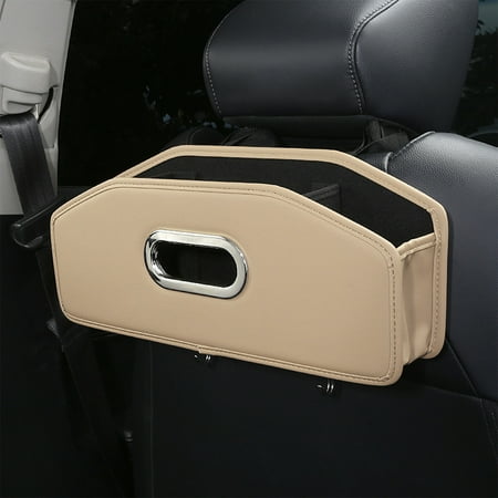 Car Seat Back Organizer with Tissue Box and Cup Holder Leather Hanging Storage Bin for Backseat Small Items Paper Towels Drinks Phone Car Interior Accessory Space Saving
