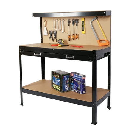 

Work Bench with Storage Drawer Steel Tool Workbench with Peg Board and Shelf Multipurpose Tool Table Tool Organizer for Workshop Garage Easy Assembly Hold up to 300 lbs Black