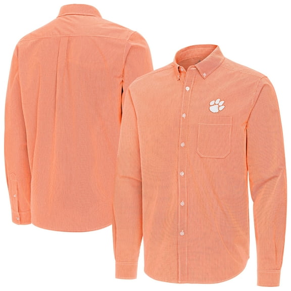 Men's Antigua Orange Clemson Tigers Porter Woven Tri-Blend Long Sleeve Button-Down Shirt