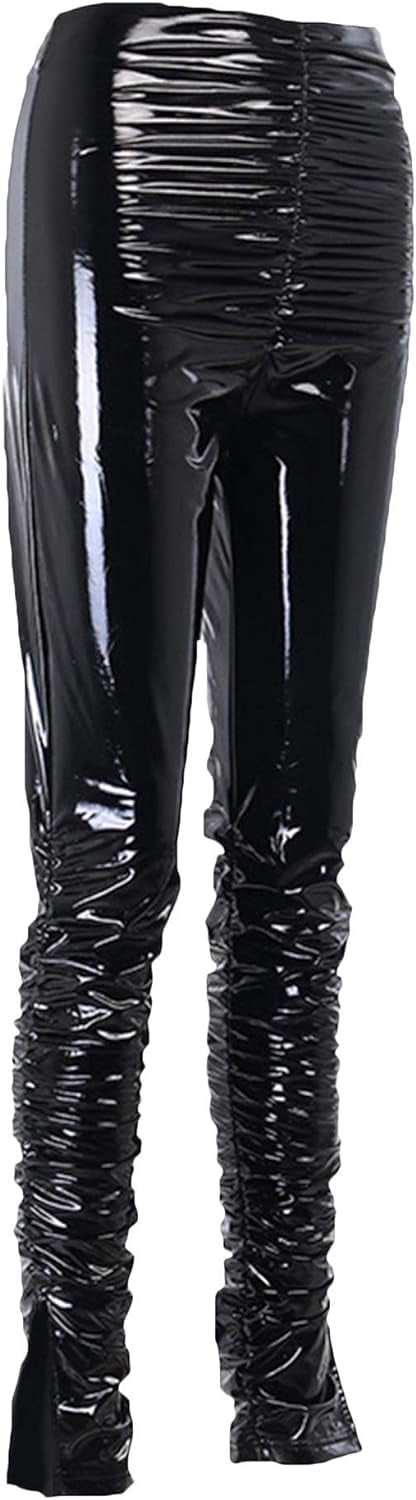 HLSOHJP Women's Pleated PU Leather Pants High Wasit Bodycon Ruched Split Hem Faux Leather Club Legging Trousers