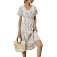 thumbnail image 2 of Women Summer Floral Print V-Neck Dress Short Sleeve High Waist Midi Slim-Fit A-Line Dresses Beach Streetwear, 2 of 13