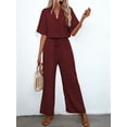 thumbnail image 6 of Women'S Casual 2 Piece Set V-Neck Short-Sleeved Tops Straight Wide Leg Pants Outfit Deep Red XL, 6 of 9