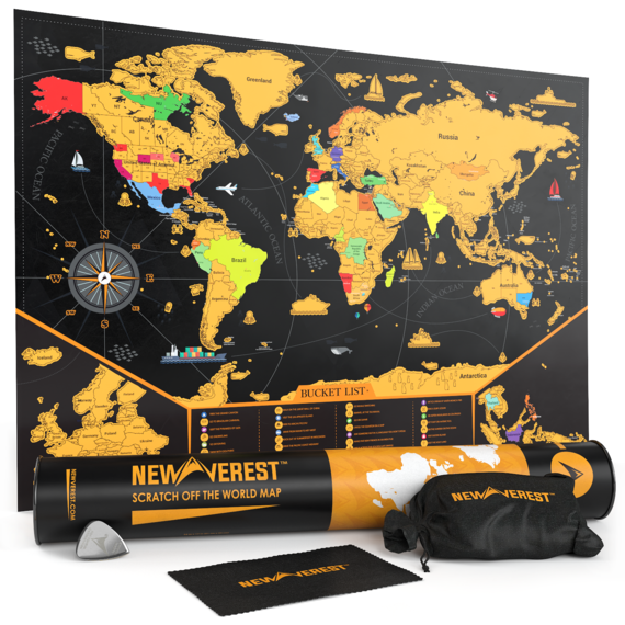NEWVEREST Scratch Off Map of The World, Detailed Travel Art Poster, Fits 17 x 24 inches Frame, Comes with Scratch Tool, 20 Push Pins, 4 Stickers, Cleaning Cloth