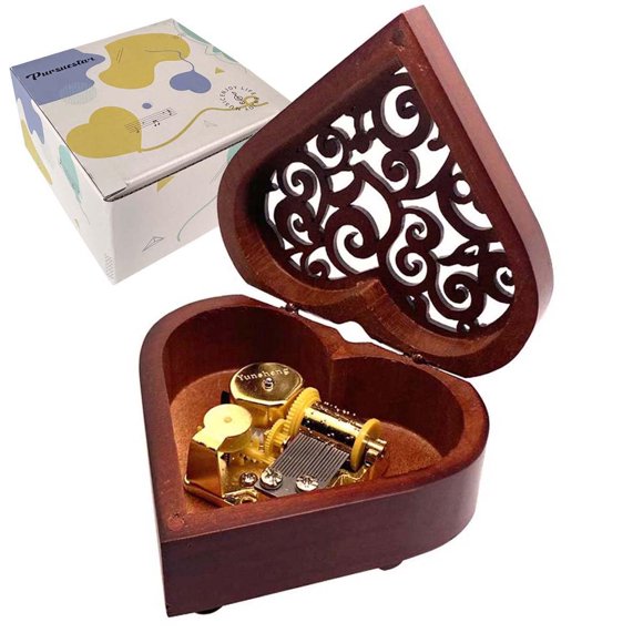 Caja de música Pursuestar de madera vintage con forma de corazón, 10 x 9 x 5 cm