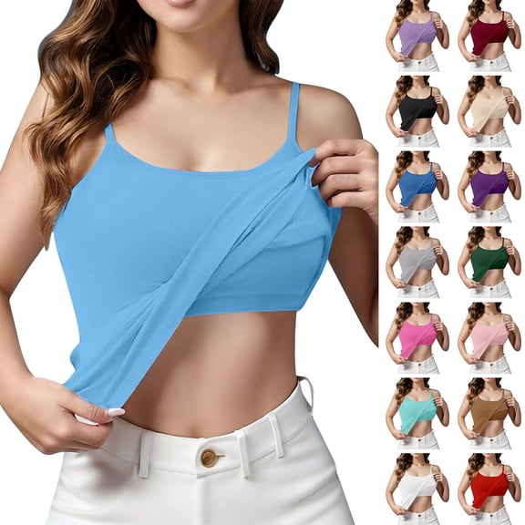 Siminsem Women's Sleeveless Camisole with Shelf Bra Wireless Padded Cotton Tank Top for Softball Fitness Training Gym Layering Undershirt Summer Casual Tops, Blue, L