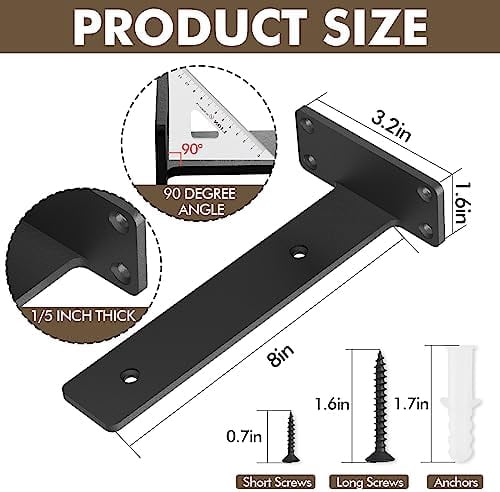 6 Pack Heavy Duty Shelf Brackets 8 inch, Floating Shelf Brackets(1/5”-Thick), L-Shaped Wall Shelf Bracket Hidden Shelf Bracket Black（8inch-6pack）