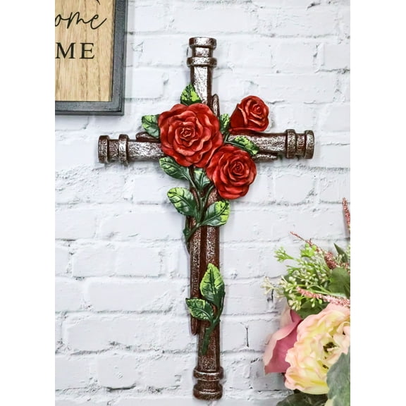Rustic Western Romantic Red Roses Vine Roman Spike Nails Decorative Wall Cross