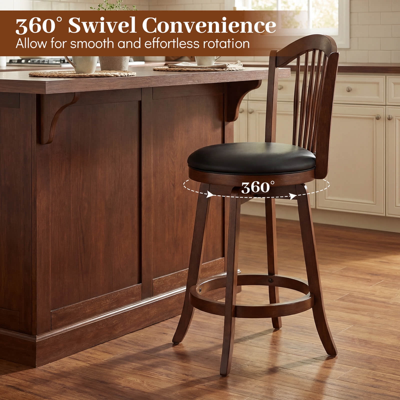 Costway Swivel Bar Stools Set of 4, 25” Counter Height Barstools with Backrests, Wood Frame Brown