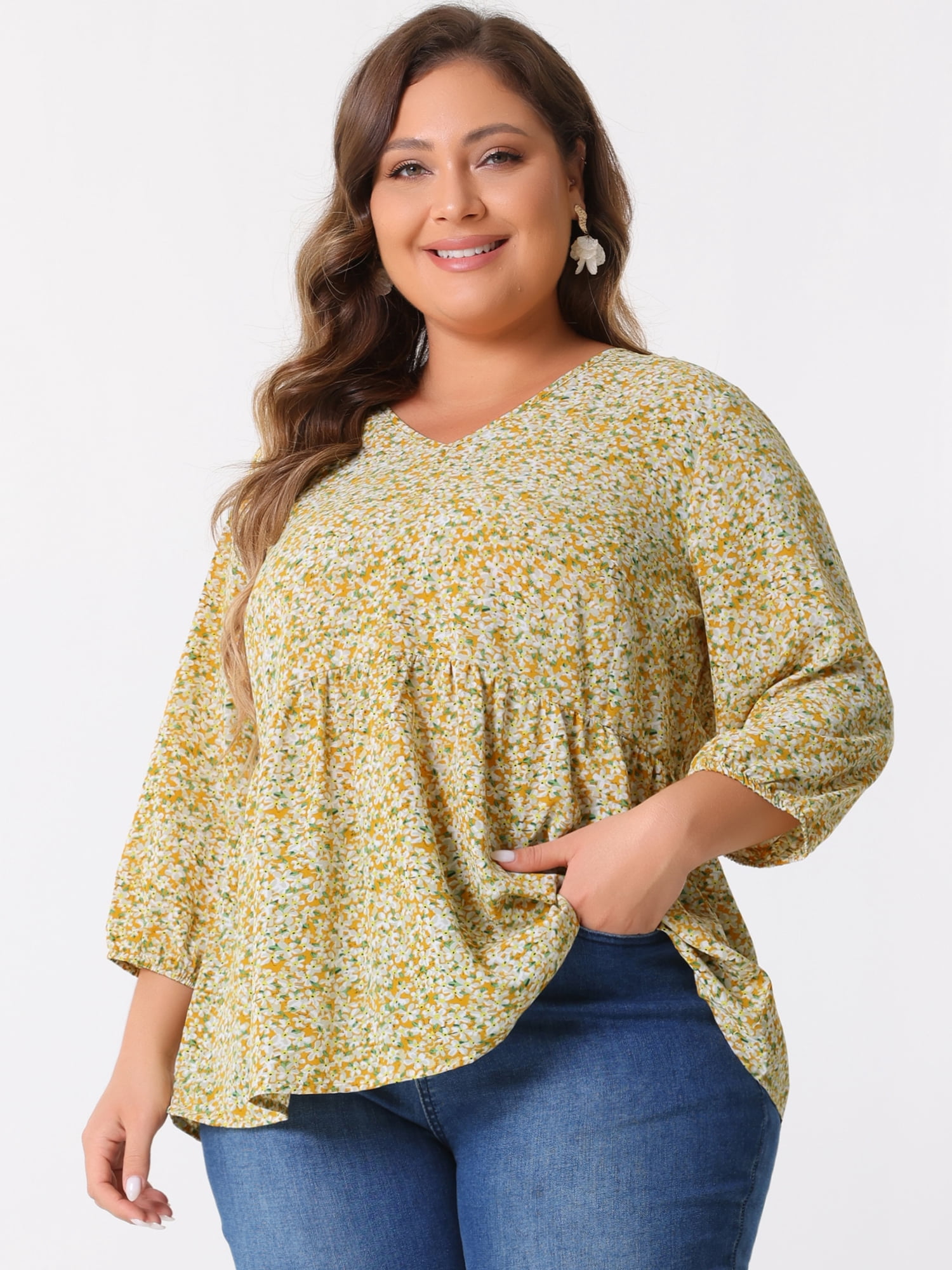 Unique Bargains Women's Plus Size V Neck Flowy 3/4 Sleeve Floral Blouse 2X Yellow