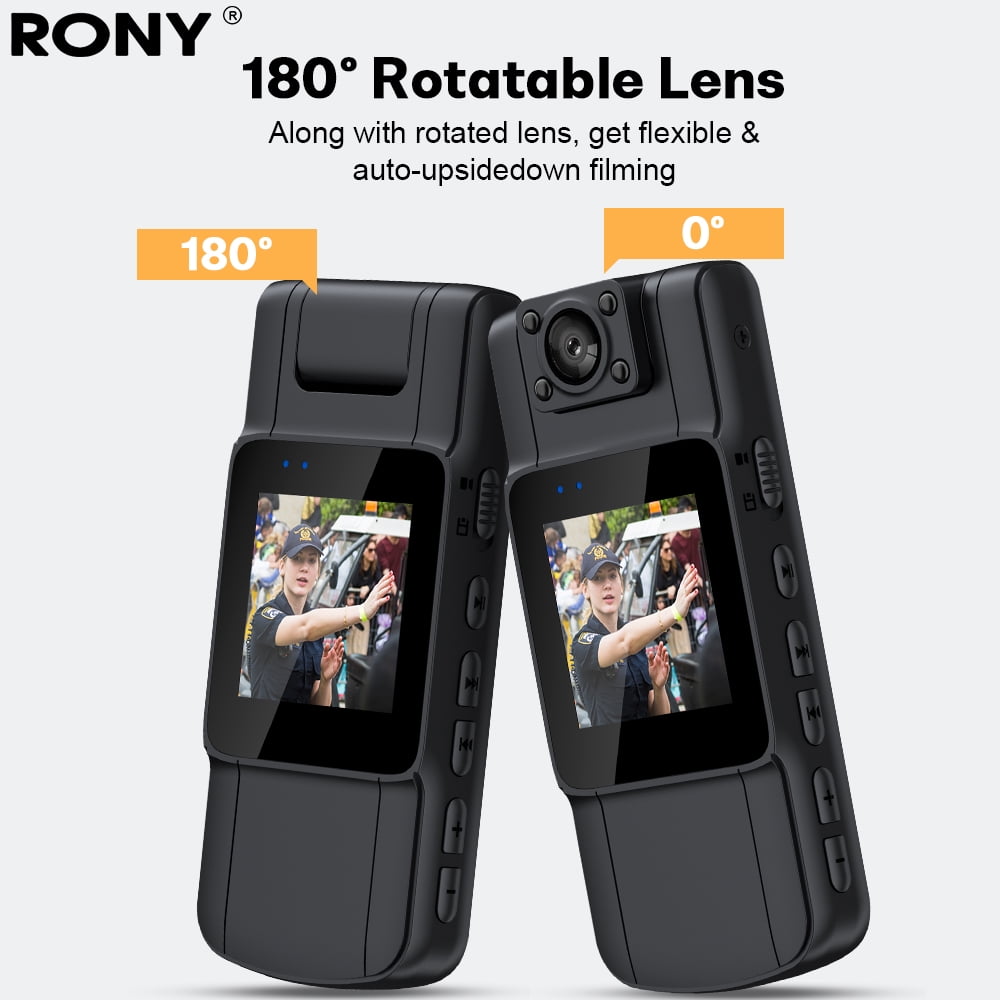 RONY 128GB 180° Rotate Mini Body Camera - 1080p Wearable Camcorder with Night Vision - Long Battery Life Audio Video Camera for Daily Records
