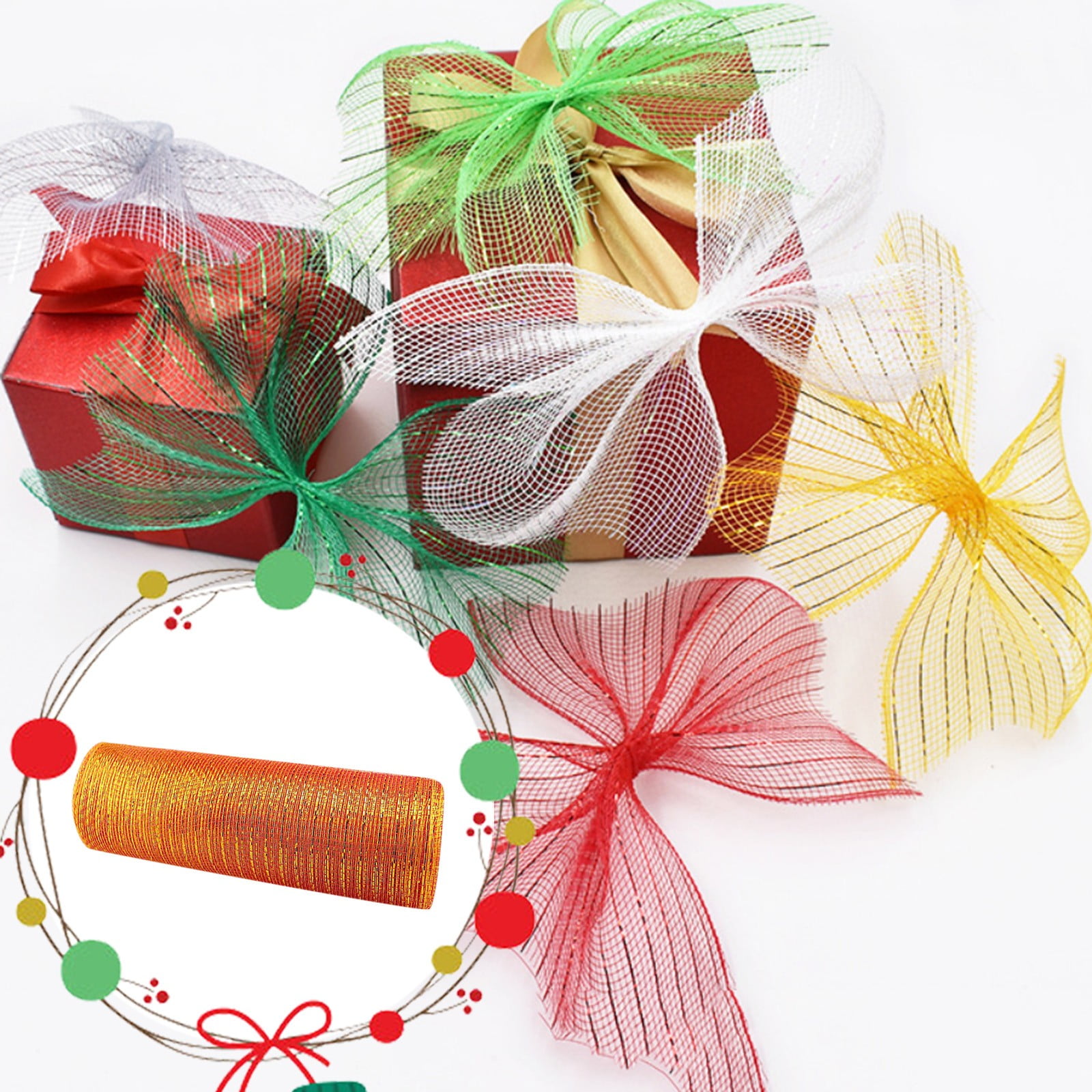 10Yards Christmas Ribbon For Tree Crystal Gauze Mesh Golden Silver