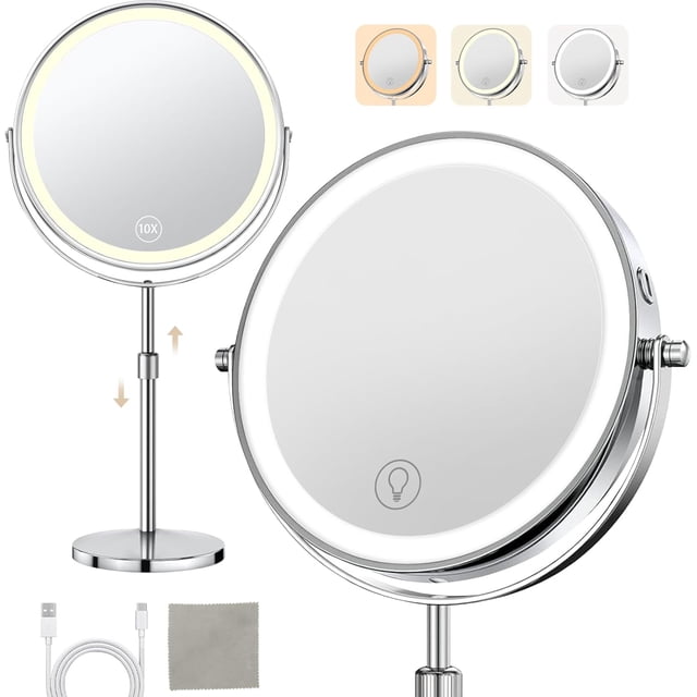 Espejo para Maquillaje con Luz 8 Pulgadas,10X/1X Aumento,3 Modos de Luz LED,Carga Tipo-C,Espejo Tocador de Altura y 360°Giratorio,Base Antideslizante,Ideal para Regalo Mujer-Incluye Paño de Limpieza