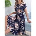 thumbnail image 4 of Women's Floral Elegant Pleated Midi Print Batwing Sleeve Tie Waist Dress for Daily Wear Navy Blue L, 4 of 10
