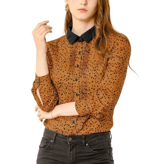 MODA NOVA Junior's Polka Dots Button Up Shirt Long Sleeve Top Blouse Caramel S